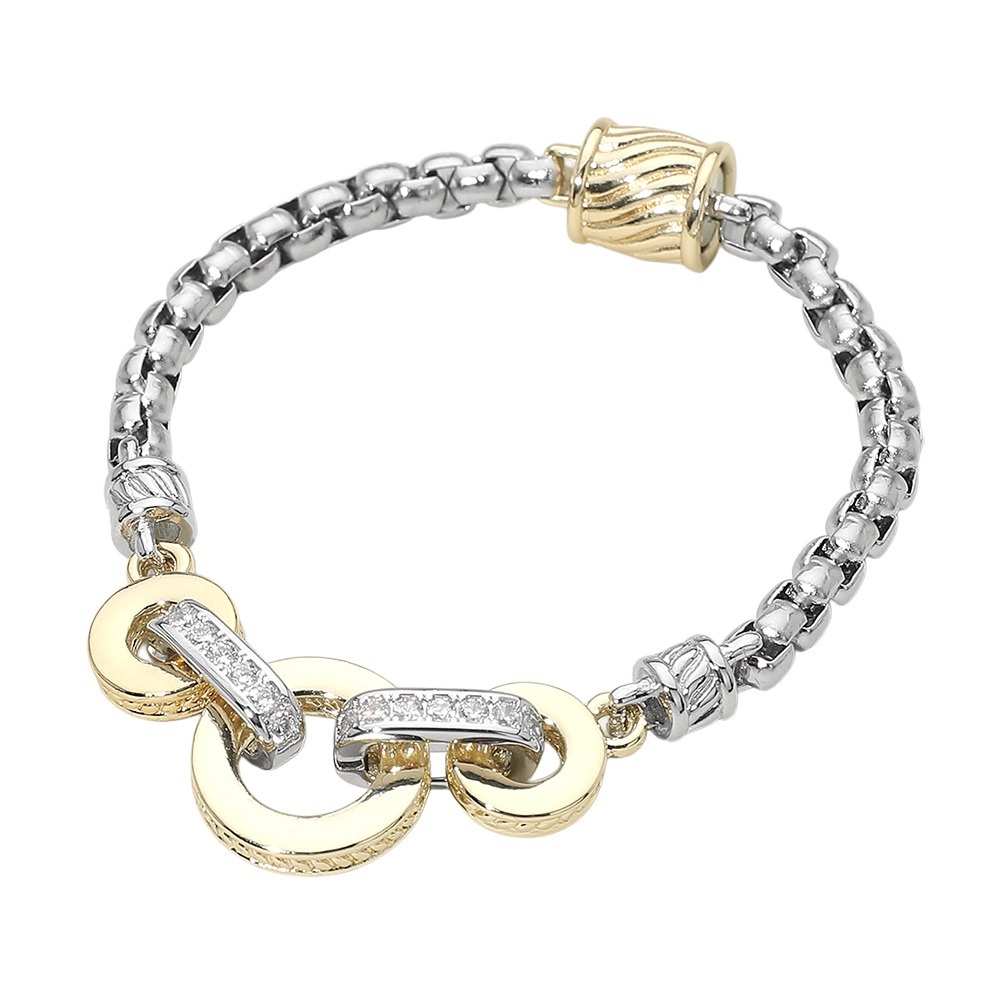 14K Gold Plated Two Tone Triple Ring CZ Pave Link Magnetic Bracelet